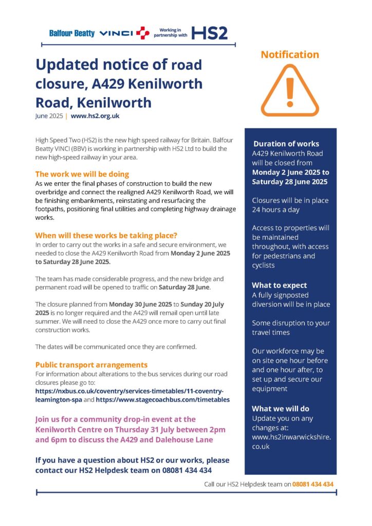 Updated Notice of A429 closures - Kenilworth Town Council